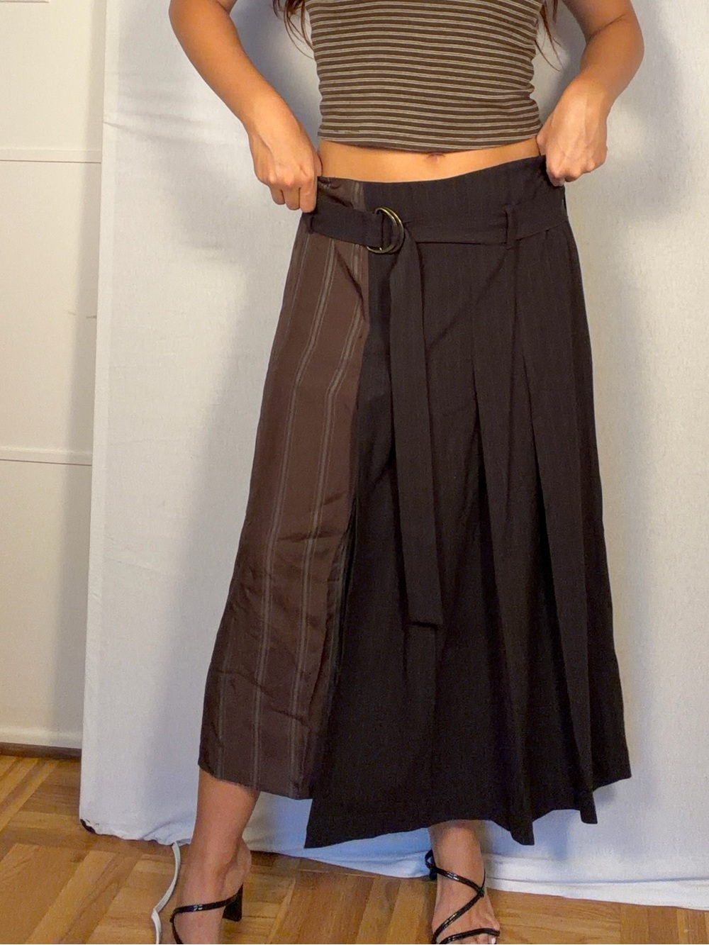 Zara Two-Tone Brown Pleated Midi Skirt with Belt